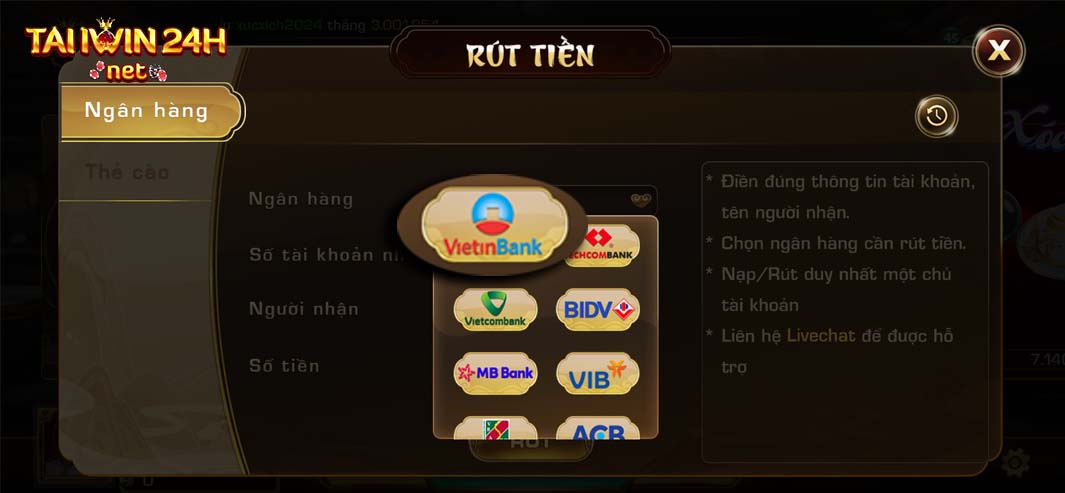 Rút tiền Taiiwin24h bằng ngân hàng Vietinbank có an toàn không?